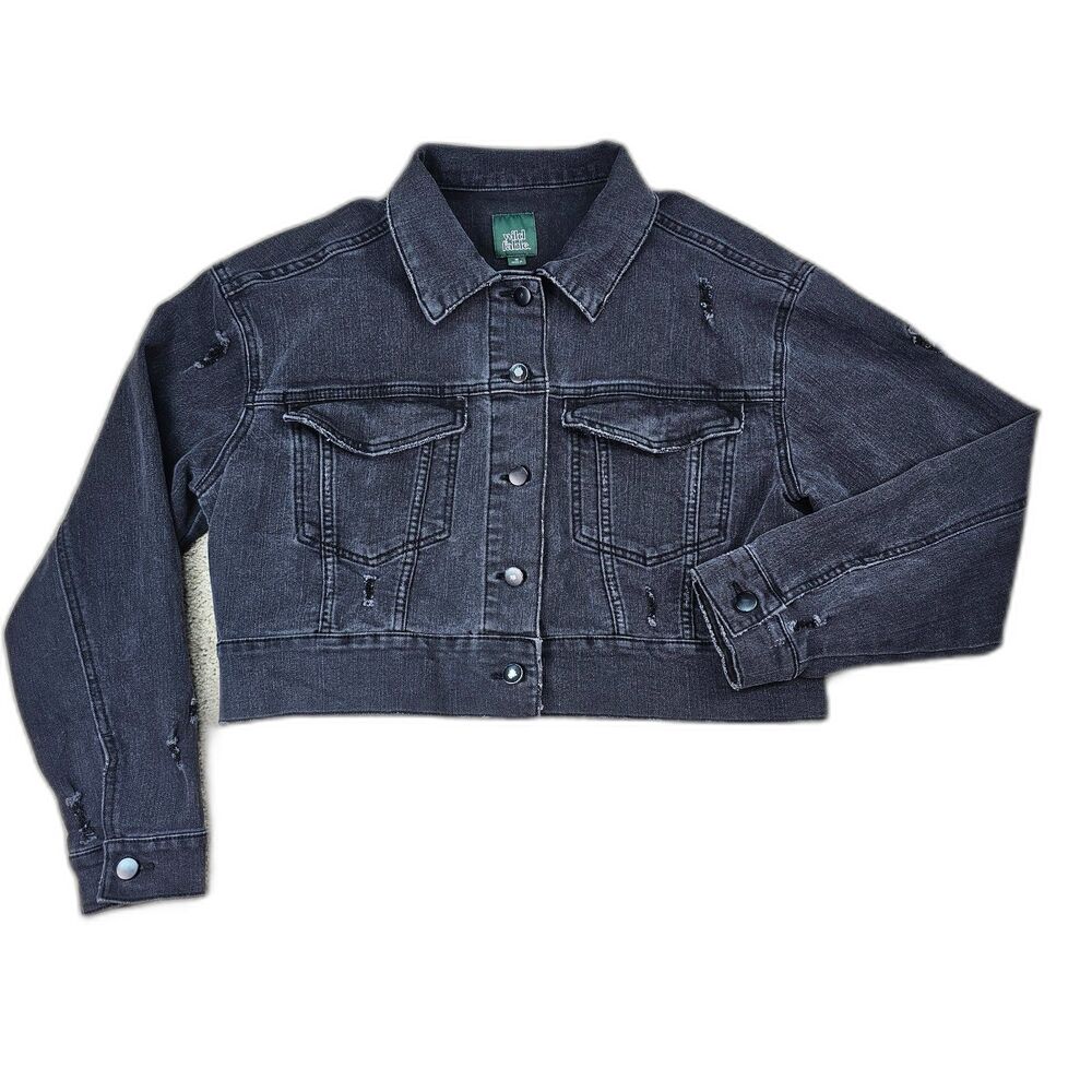 Wild Fable Cropped Black Distressed Denim Jacket Women’s Medium Grunge Y2K - Picture 2 of 11